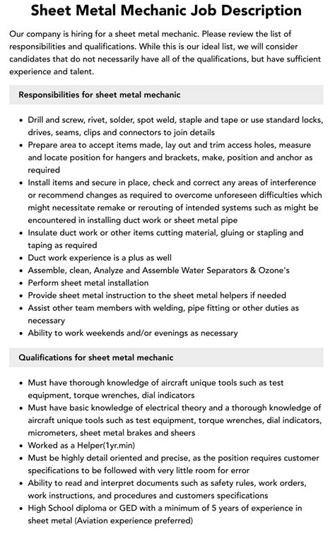 sheet metal duct fabricator job description|sheet metal technician job description.